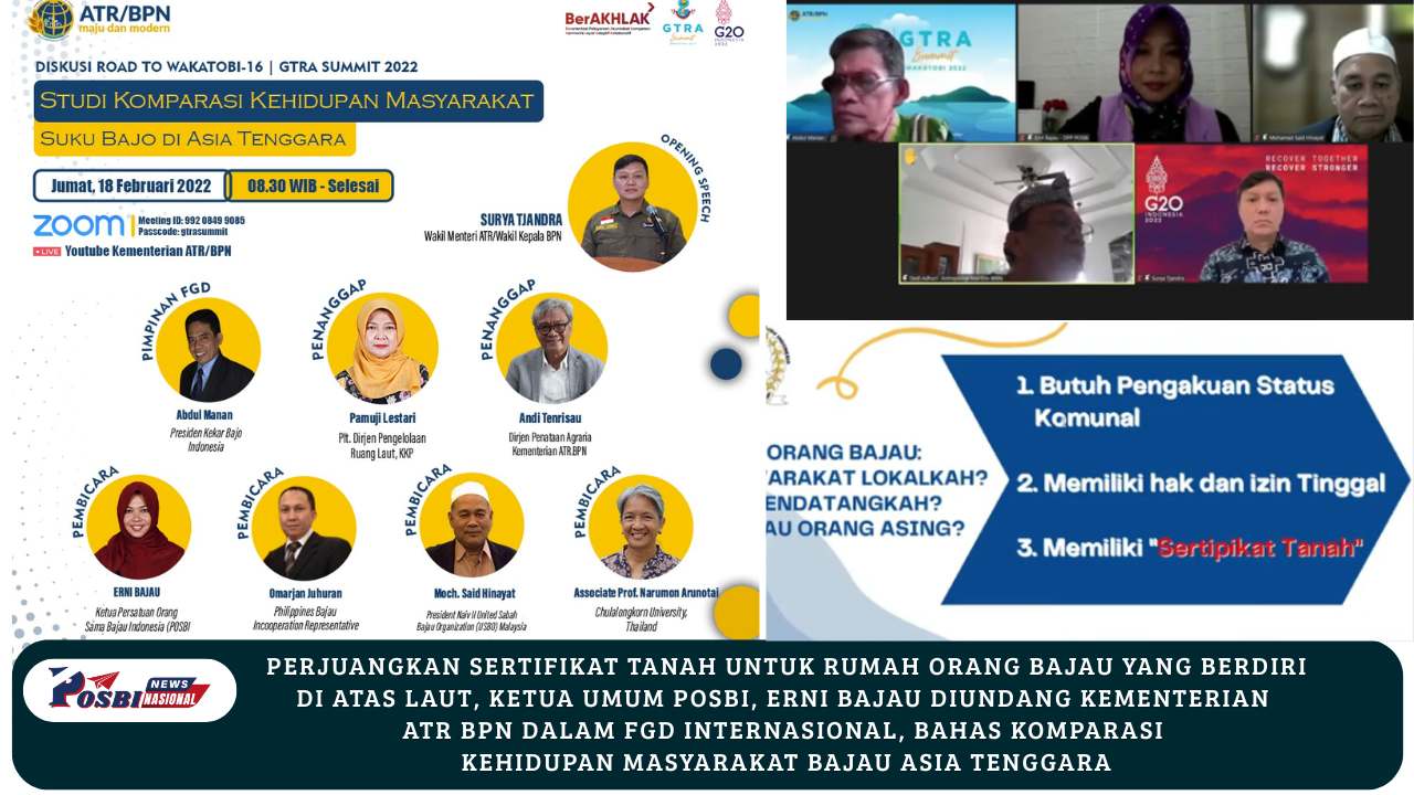 Perjuangkan Sertifikat Tanah untuk Rumah Orang Bajau yang Berdiri di Atas Laut, Ketua Umum POSBI, Erni Bajau Diundang Kementerian ATR BPN dalam FGD Internasional, Bahas Komparasi Kehidupan Masyarakat Bajau Asia Tenggara